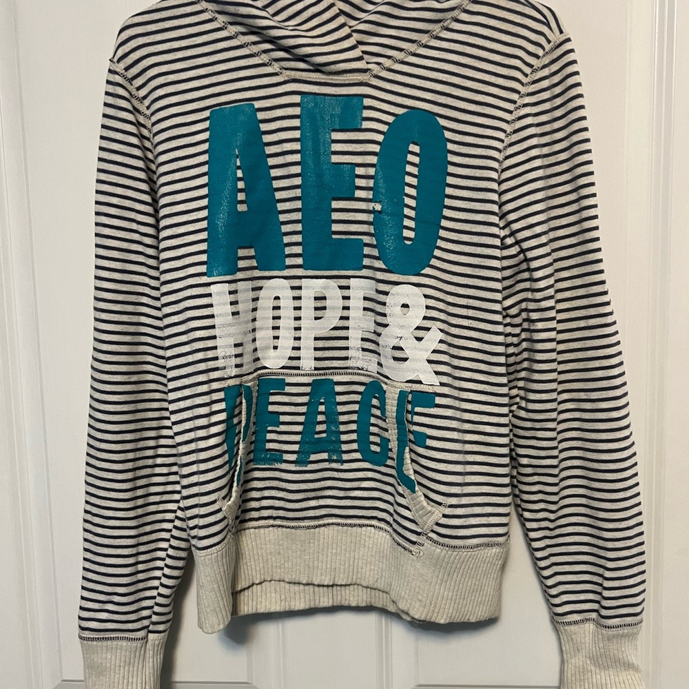 AEO Striped Hoodie with Blue and White Text